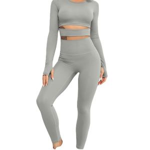 ชุดเลกกิ้งสปอร์ตไร้ตะเข็บสำหรับผู้หญิงและเด็กผู้หญิงเสื้อแขนกุดลายสีพื้น - Product Image 1