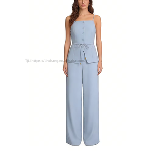 Ensemble deux pièces pour femme : débardeur et pantalon large, avec boutons sur le devant, style peplum, ceinture, tenue décontractée et élégante pour le bureau - Product Image 3