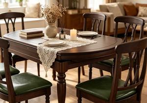 Vintage <b>Extendable</b> Dark <b>Wood</b> <b>Dining</b> <b>Table</b> Set, 6 Seater with Green Leather Chairs - Product Image 4