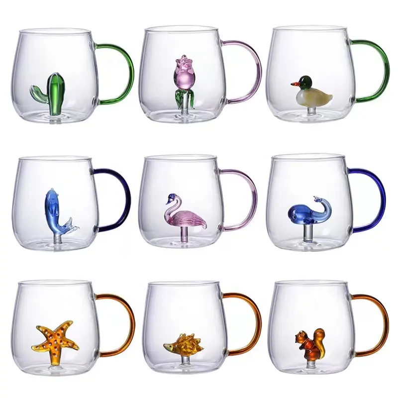 다채로운 만화 동물 식물 모양 장식이 있는 높은 붕규산 유리 컵, 컬러 핸들이 있는 소원 유리 마시는 머그잔