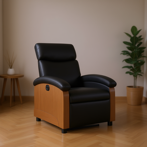 <b>Black</b> Faux <b>Leather</b> Recliner <b>Chair</b> Manual Operation Cushion Back Modern Design Padded <b>Arms</b> Wood Frame - Product Image 2