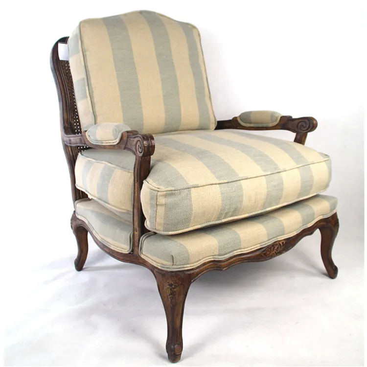 Retro Antique Wood Trim Fabric Living Room Italy Classic Single Seater Sofa Chair Detachable Seat Cushion