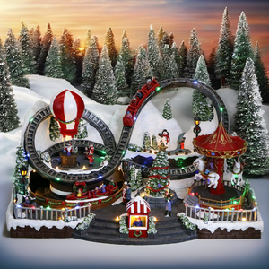 Scène de parc d'attractions de Noël lumineuse <span class=keywords><strong>en</strong></span> résine 3D avec montagnes russes, carrousel et montgolfière <span class=keywords><strong>en</strong></span> mouvement, artisanat de table musical - Product Image 1