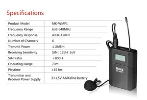 Micrófono Lavalier Omnidireccional UHF MEKE MK-WMP1, 6 Canales, Compatible con Cámaras DSLR y Videocámaras. - Product Image 4
