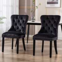 Meubles classiques bon marché, chaise de salle à manger à cadre en bois en tissu de velours noir avec anneau rembourré et tufté