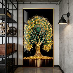 Tableau mural abstrait nordique grand format Feuille d'arbre dorée, Peinture moderne en porcelaine avec LED et cristaux, Meilleure vente, Décoration de salon et de maison - Product Image 2