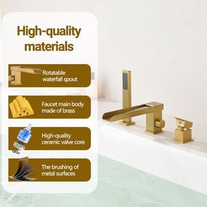 Grifo de bañera de latón dorado de un solo orificio para montaje en cubierta, juego de 3 orificios, con caño en <span class=keywords><strong>cascada</strong></span> y válvula pulverizadora de mano para uso hotelero - Product Image 2
