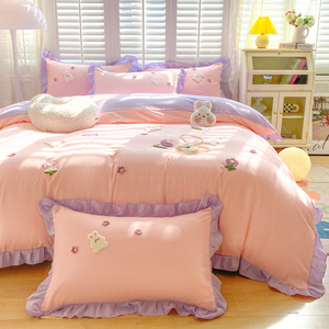 Princess Style Cotton <b>Bedding</b> <b>Set</b> Solid Color Lace Trim Breathable Home Use - Product Image 3
