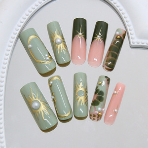 24 Uñas Postizas de ABS con Diseño de Estrella y Sol, Reutilizables, 3D, con Perlas, Largas, Cónicas, Tipo Stiletto - Product Image 4