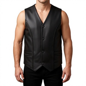 Chaleco de Motociclista para Hombre, Negro, de Cuero PU, sin Mangas, Cuello en V, Cierre de Botón, Estampado Animal, con Bolsillos Trenzados - Product Image 1