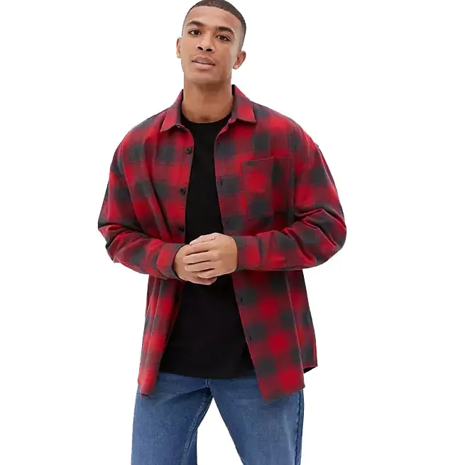 2022 Hot Selling Plus Size Flannel Shirts Full Sleeve Oversize Fit Red Plaid Shirts