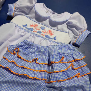 Wholesale Boutique Summer Hand Smocked Mermaid Embroidery Girls <b>Pyjama</b> Set Blue Gingham Ruffled <b>Shorts</b> Sleepwear - Product Image 6