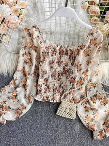 Kadınlar çiçek gömlek dantel up fırfır seksi kapalı omuz üst Blusas pileli streç ince bel kısa mahsul üst bluz - Product Image 1