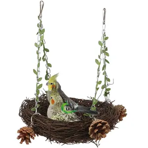 Hot papagaio pássaros com grama ninho tecido balanço carrinho pendurado cesta pode dormir pode ficar jogar brinquedos