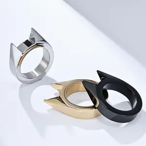 Wholesale Punk Animal Shape Spiked Defensive Rings for Men 18K Gold Plated Stainless Steel Hollow Cat Finger Rings