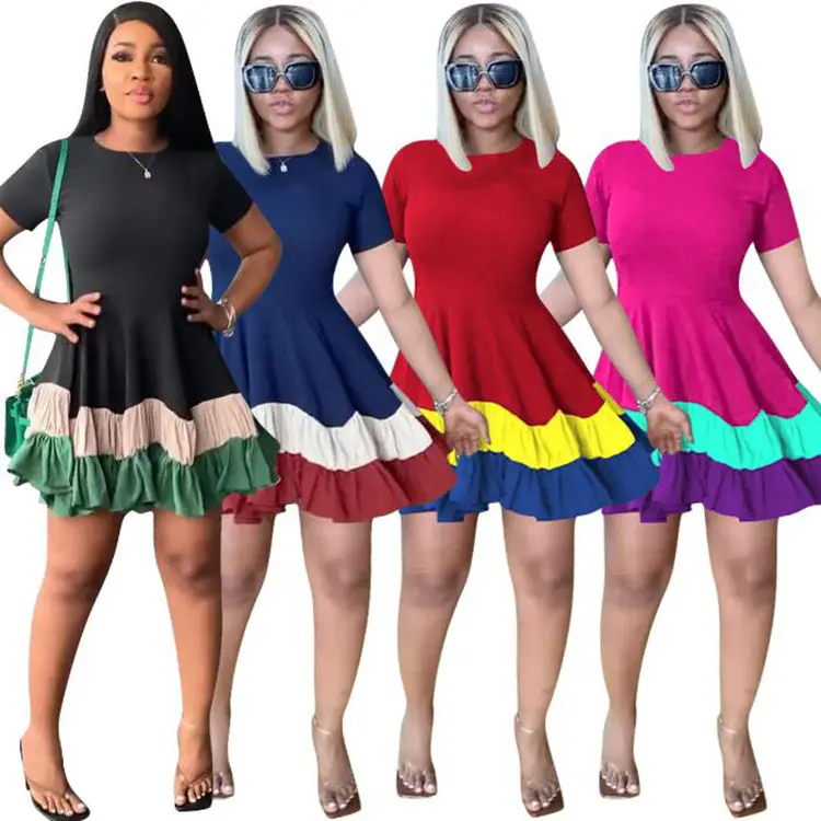 Women Short Sleeve Patchwork Big Swing Ball Gown Mini Dress 2023 Summer Street Beach Boho Holiday Chic INS Dresses
