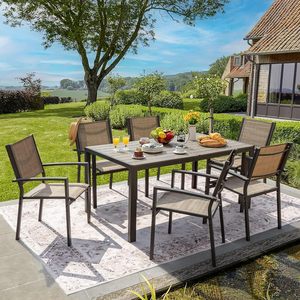 Dwoo Ensemble <span class=keywords><strong>de</strong></span> salle à manger d'extérieur imperméable <span class=keywords><strong>de</strong></span> 7 pièces pour le patio Mobilier <span class=keywords><strong>de</strong></span> <span class=keywords><strong>jardin</strong></span> Ensemble <span class=keywords><strong>de</strong></span> table et <span class=keywords><strong>de</strong></span> chaises <span class=keywords><strong>de</strong></span> restaurant pour 6 <span class=keywords><strong>personnes</strong></span> - Product Image 1