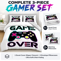Set Sprei Gaming 3-Piece, Set Sprei Microfiber Motif Gamepad dengan Ritsleting & Tali Pengikat di Sudut untuk Kamar Tidur Remaja Laki-laki