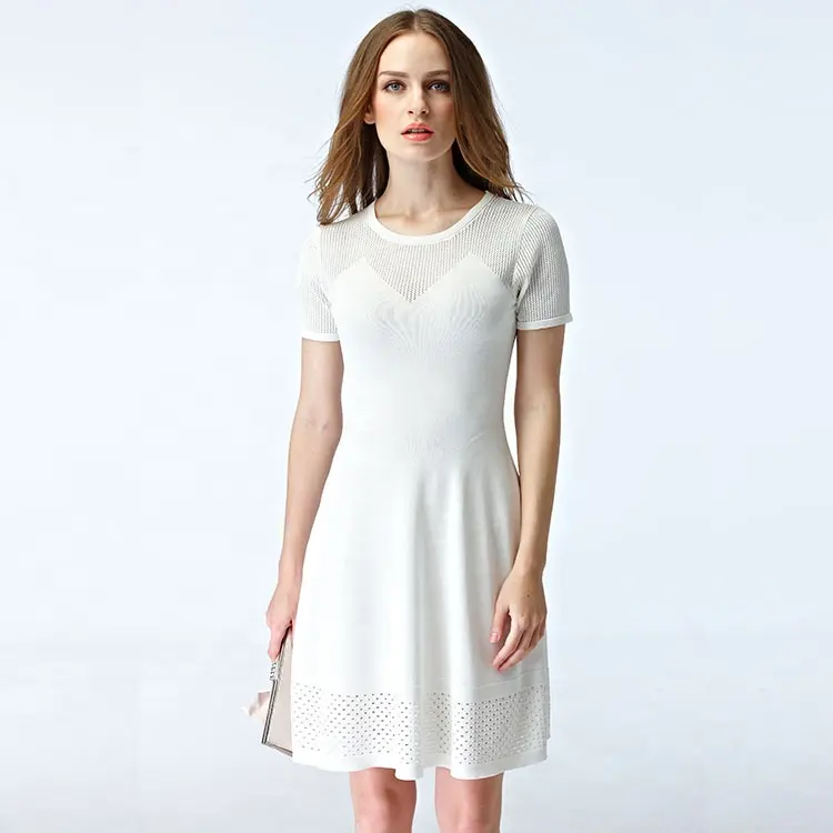 Knitwear manufacturers custom summer white round neck short sleeve cutout western dress for female women knit casual dress