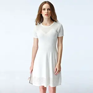 Knitwear manufacturers custom summer white round neck short sleeve cutout western dress for female women knit casual dress