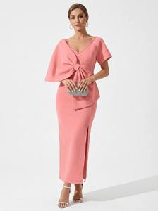 Wholesale Elegant <strong>Maxi</strong> <strong>Dress</strong> for Plus Size Women Deep V Bow High Waist Wrap Ruffles Lace <strong>Chiffon</strong> Fabric Short <strong>Sleeves</strong> - Product Image 3