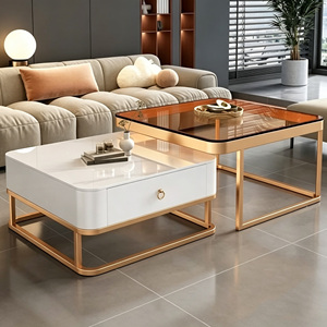 Table basse de salon de luxe en <span class=keywords><strong>verre</strong></span> et dalle de granit, petite taille, pour usage domestique, et combinaison meuble TV de forme carrée. - Product Image 2