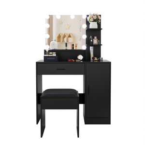 Mesa de maquillaje con espejo LED, 3 estantes, 1 cajón, taburete acolchado para dormitorio, diseño moderno - Product Image 1