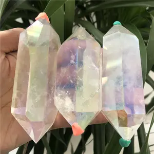 Wholesale Natural Angel Aura Double Terminated Clear Crystal Point Wand White Quartz Tower For Decoration