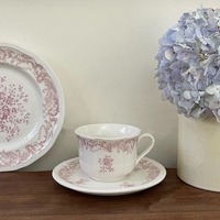 Service de table en céramique rond à motif végétal rétro français - Assiette, bol, tasse à café et soucoupe compatibles micro-ondes pour mariage/anniversaire