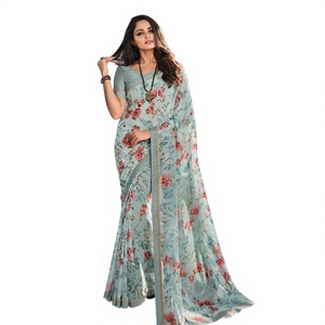 Sari élégant en rayonne bleu clair à imprimé floral pour femme, coupe classique, longueur ras du sol, vêtement indien pakistanais pour les fêtes - Product Image 1