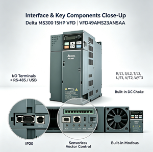 อินเวอร์เตอร์อุตสาหกรรม Delta VFD49AMS23ANSAA 3 เฟส 230V ควบคุมแบบเวกเตอร์ไร้เซนเซอร์ สำหรับระบบอัตโนมัติ ระดับ IP21 - Product Image 3