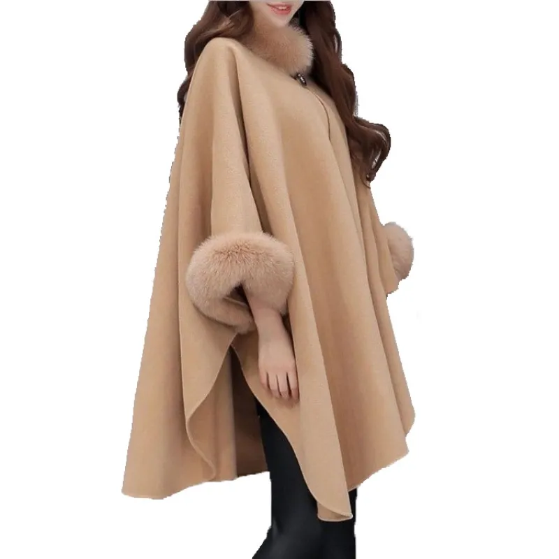 Winter New Fox Hair Collar Long Cape Shawl Wool Blends Woolen Coat Women's Clothing
