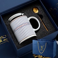 Mug Keramik Bone China dengan Tutup dan Sendok, Kotak Hadiah, Gaya Amerika, Mug Kopi, Desain Bunga Panggang Suhu Tinggi, Pola Kawat