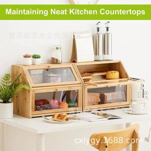 Boîte à pain en bois Longyuan à double couche avec étagère en verre pour le rangement de la cuisine - Product Image 2