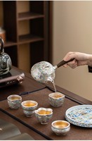 Service à thé en céramique artisanal argenté et gaufré, élégant et luxueux, idéal pour le thé Kung Fu, comprenant une théière, 5 tasses et un plateau pour la cérémonie du thé.