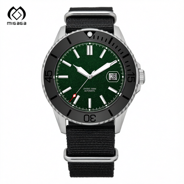 Migaga NH35 Movement 30ATM Custom Carbon Fiber Mechanical Watch C3 Luminous ODM Natos Strap Green Dial Diver Automatic Watch