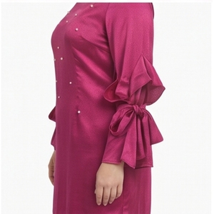 Chemisier rose en mousseline pour femme, style bureau, avec manches ballon unies, col rond, coupe ample, décontracté, orné de perles - Product Image 4