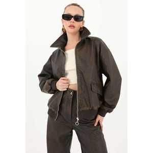 Chaqueta Bomber de Cuero Vacuno Lavado para Mujer, Color Marrón, Manga Larga, Estilo Otoñal - Product Image 6