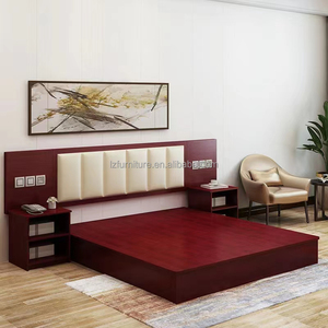 Budget Hotel Guest Room Furniture Wooden <b>Queen</b> <b>Bed</b> <b>Frame</b> with Soft Block Headboard and Open Storage Nightstands for 3-Star Hotel - Product Image 1