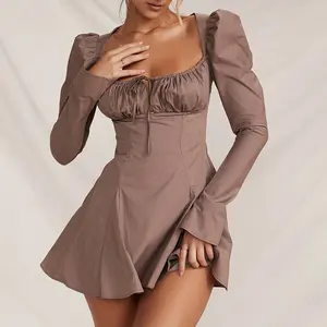 Mocha Long Sleeve Mini Dress Autumn Trend Cozy Chic Urban Fashion OEM Custom Dresses