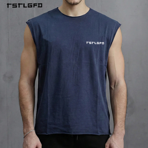 Camiseta sin mangas premium ajustada para hombre, <span class=keywords><strong>azul</strong></span> <span class=keywords><strong>marino</strong></span> liso, con tela elástica transpirable y corte muscular con borde sin rematar, venta al por mayor. - Product Image 1