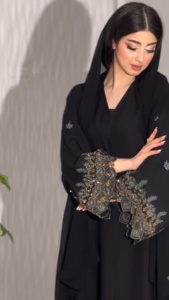 Personalizado Abaya Turquía <span class=keywords><strong>ropa</strong></span> islámica lujo elegante Petite Abaya mujeres musulmán vestido Dubai volante mangas satén Abaya - Product Image 5