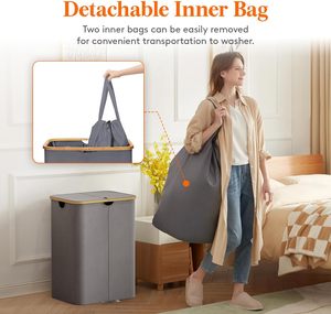 150L katlanır çıkarılabilir çift çamaşır torbaları bambu çamaşır sepeti depolama ve organizasyon için kolları ile - Product Image 5