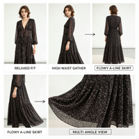 Robe longue noire à manches longues, col en V, taille ajustée, imprimé chiffon vintage élégant, personnalisée en usine