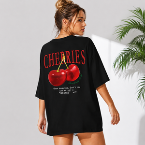 T-shirt graphique noir surdimensionné à manches courtes pour femme, 100% coton jersey, imprimé cerise, streetwear, haut décontracté d'été - Product Image 1