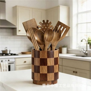 Porte-couverts rond en bois, organiseur d'ustensiles de cuisine pour comptoir, boîte de rangement rotative à 360 degrés en bois massif - Product Image 1