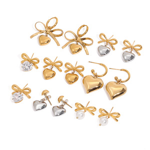 Heart <b>Stud</b> <b>Earrings</b> With Bow Zircon 18K Gold Plated Stainless Steel For Women Gift Fashion Jewelry Set - Product Image 5