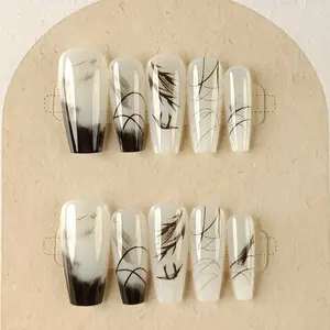 N1278 China style landscape painting luxury crystal press on nails tip glue sticker and file