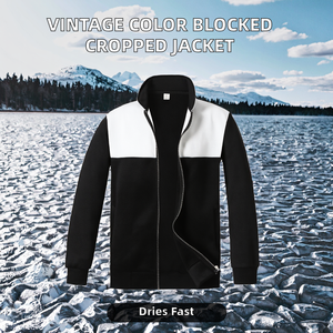 Veste unisexe vintage à fermeture éclair, coupe oversize et courte, avec blocs de couleur sur le devant, en polaire respirante chauffante, pour l'automne, ODM - Product Image 2