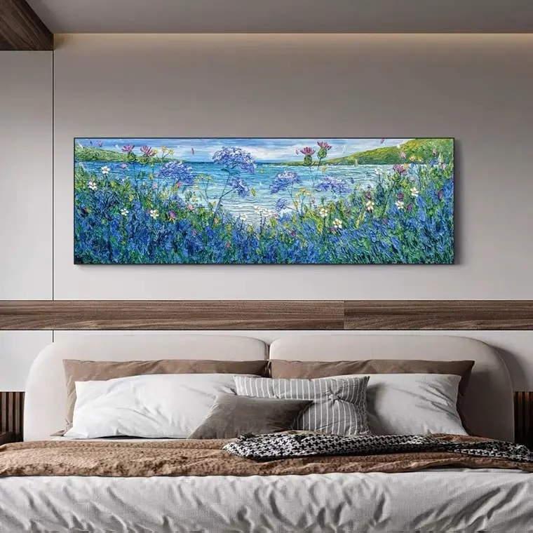 Wholesale Price Frame Large Blue Flower Handmade Landscape Oil Painting with Heavy Paints for Home Hotel Office Wall Art Decor